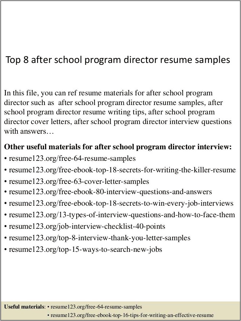 After School Program Manager Resume