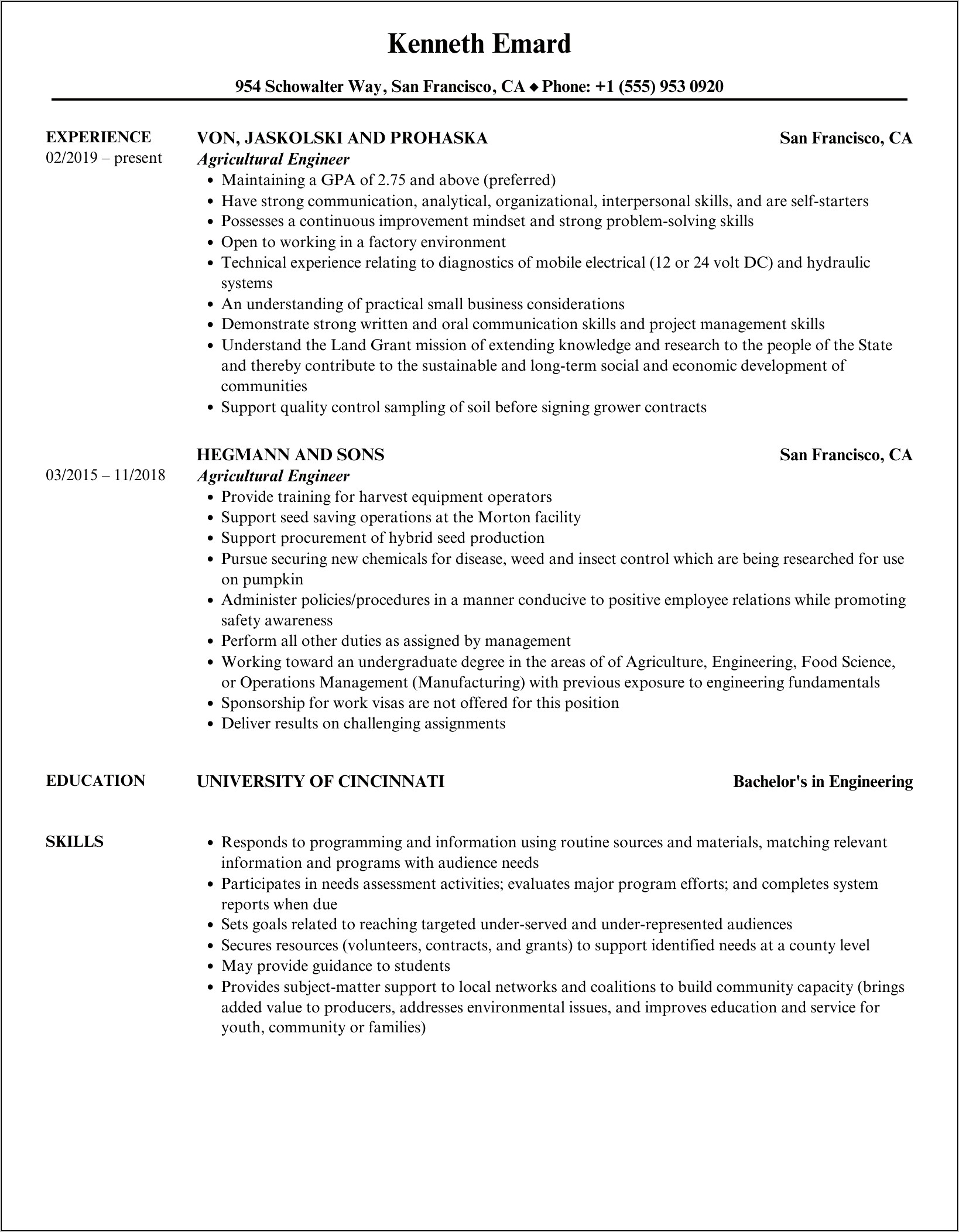Agriculture Engineer Job Resume Examples