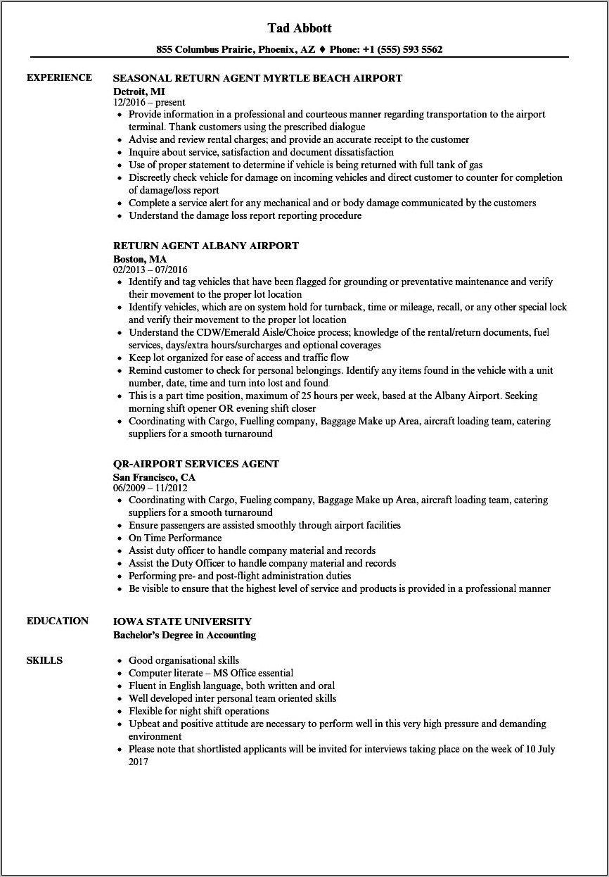 Airport Ticket Agent Resume Example