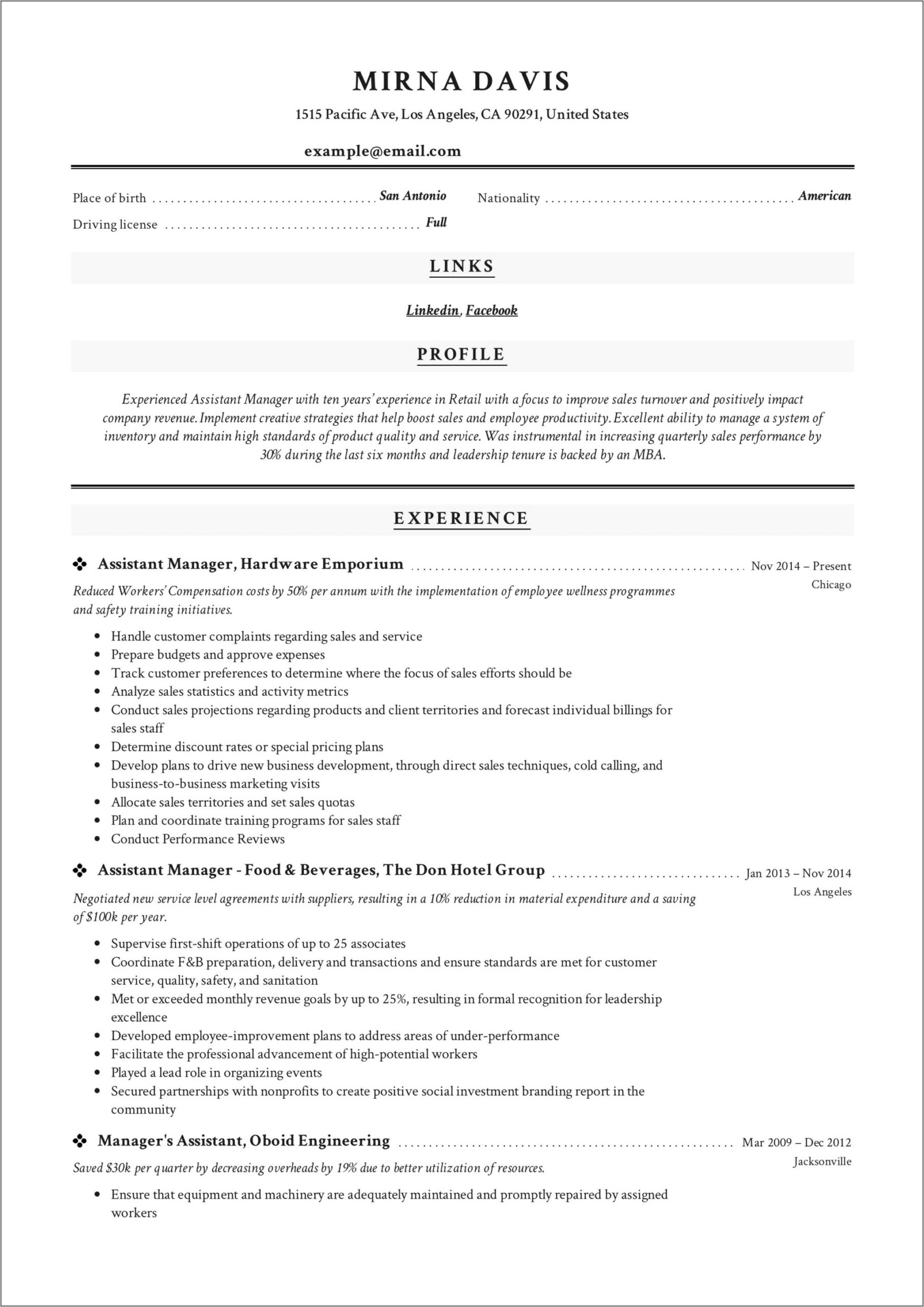 American Eagle Assistant Manager Resume