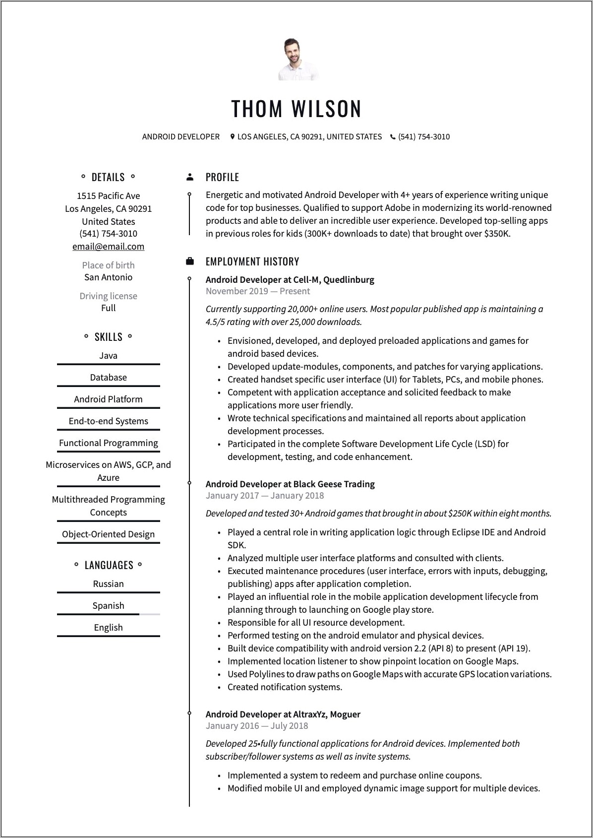 Android Developer Resume Template Free