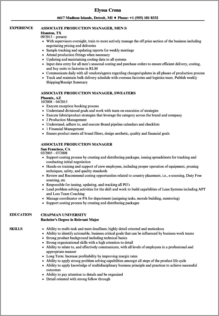 Apparel Associate Production Manager Resume