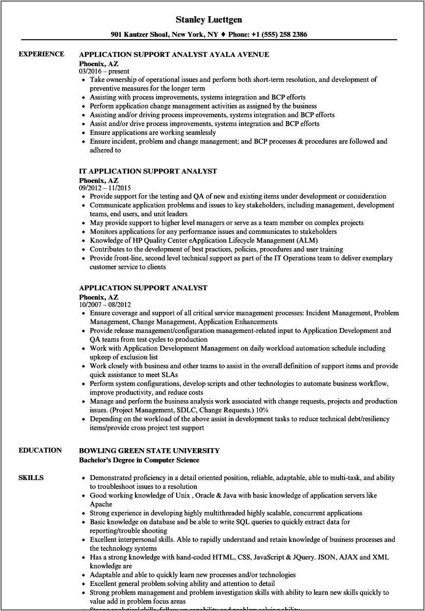 Application Support Analyst Resume Sample