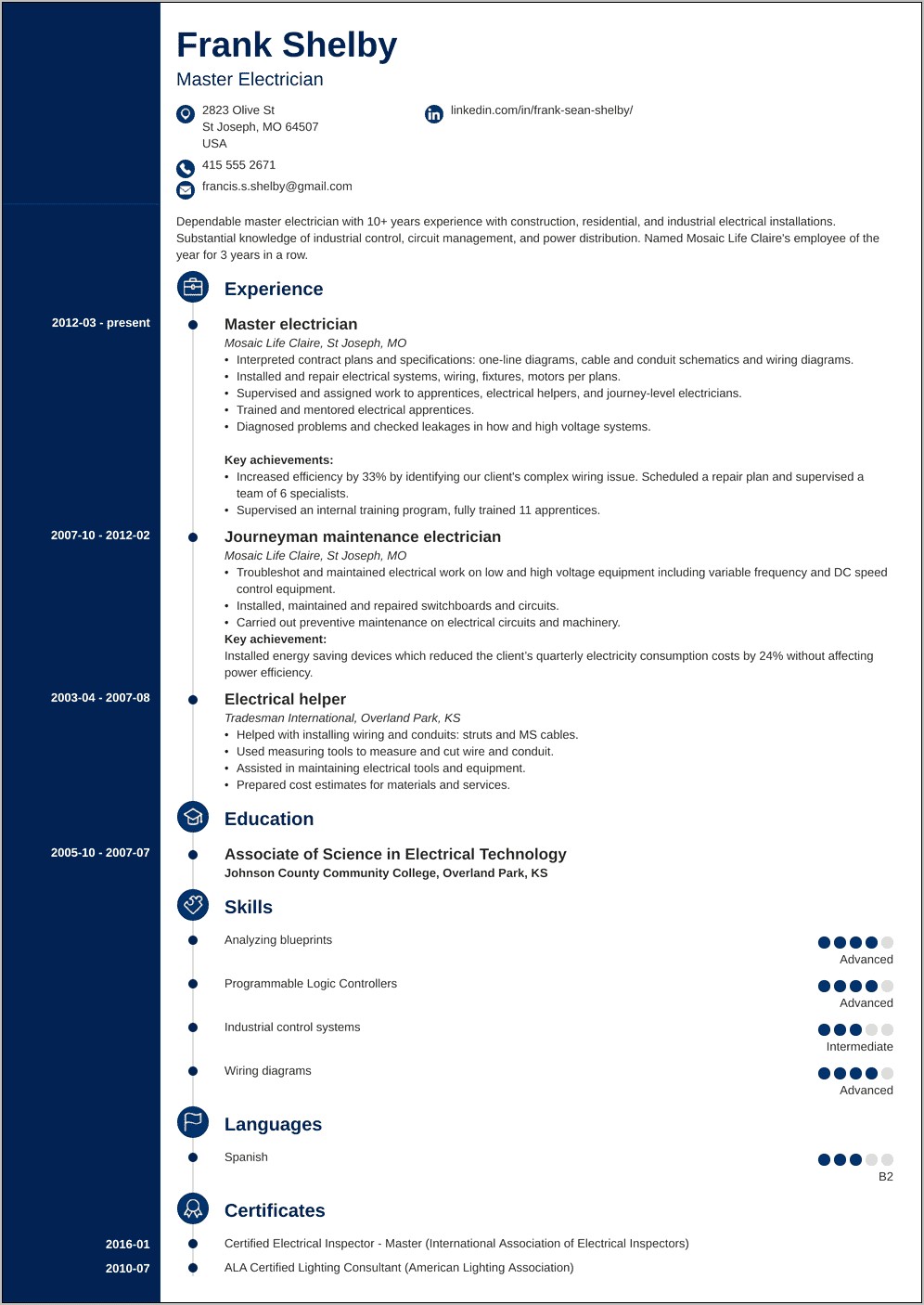 Apprentice Electrician Resume Example Summary