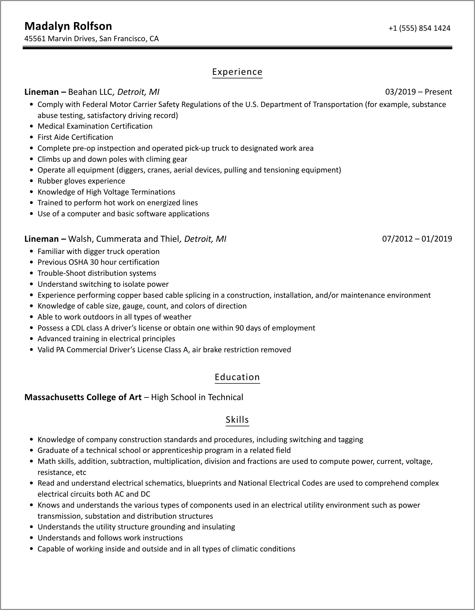 Apprentice Lineman Job Description Resume