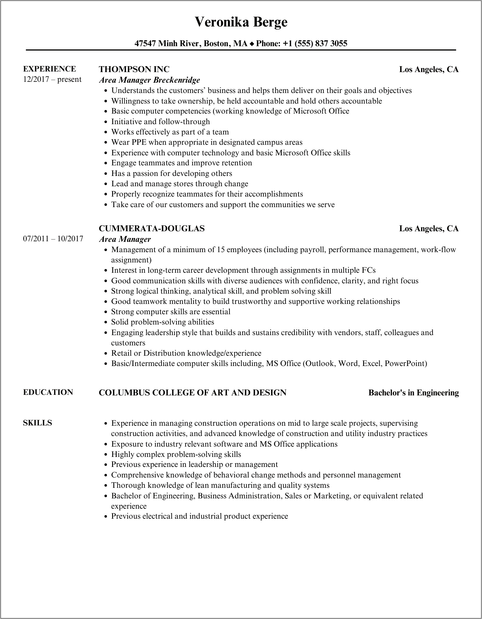 Area Manager Skills For Resume