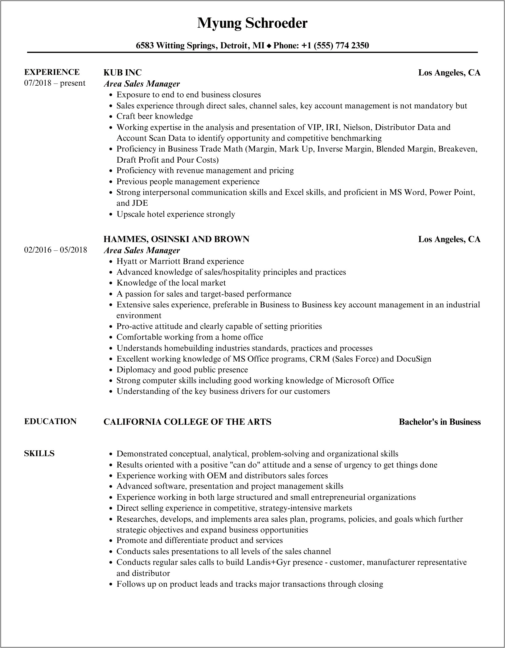 Area Sales Manager Resume Pdf