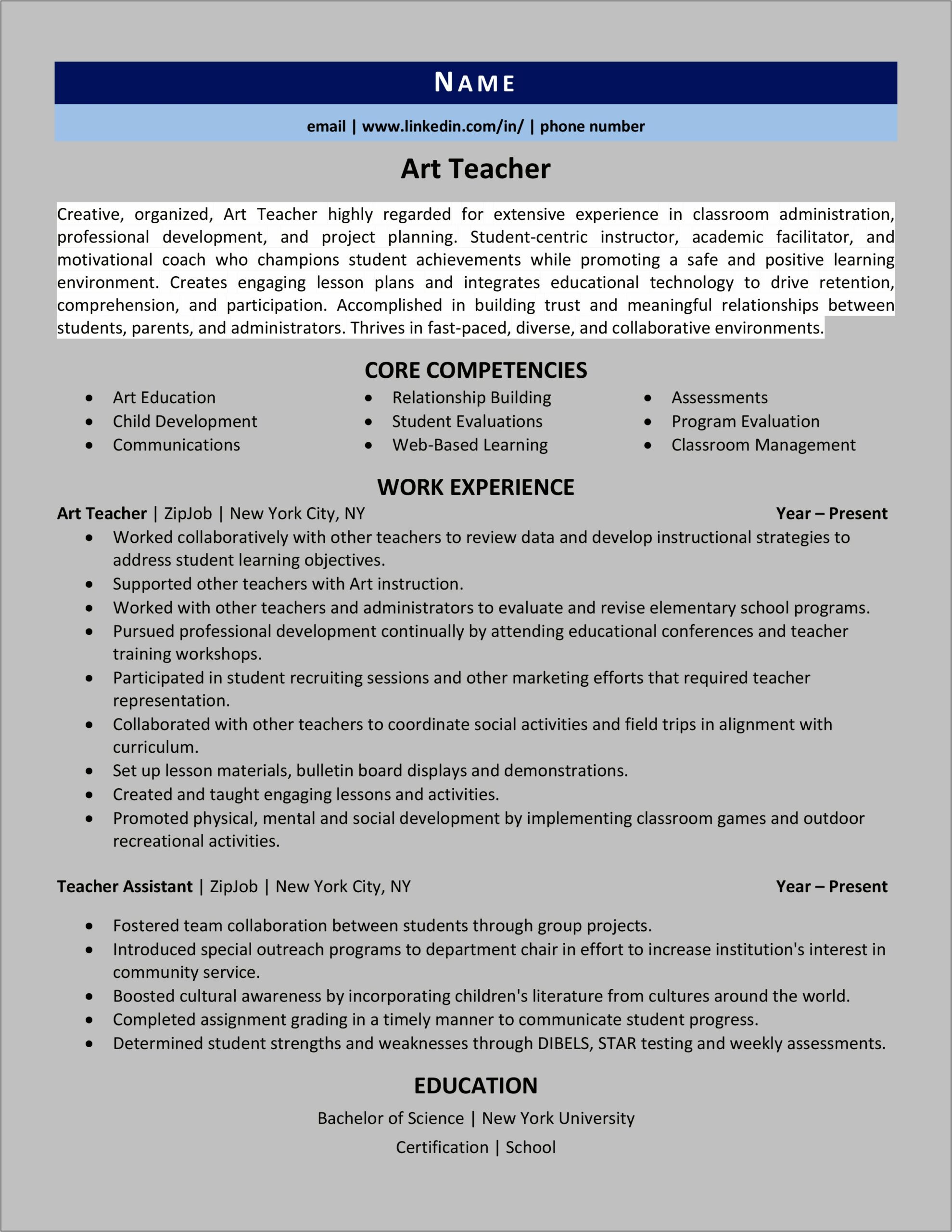 Art Teacher Resume Objective Examples