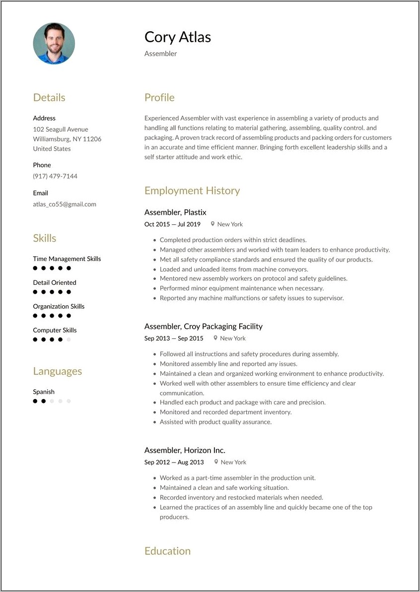 Assembly Line Worker Resume Example
