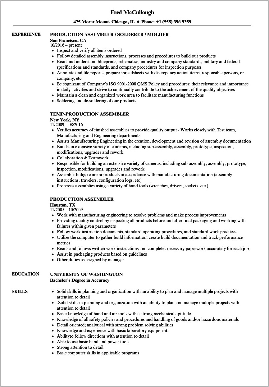Assembly Worker Job Description Resume