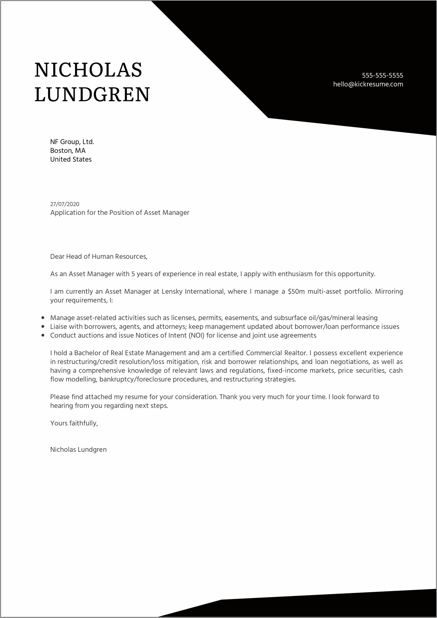 Asset Management Resume Cover Letter
