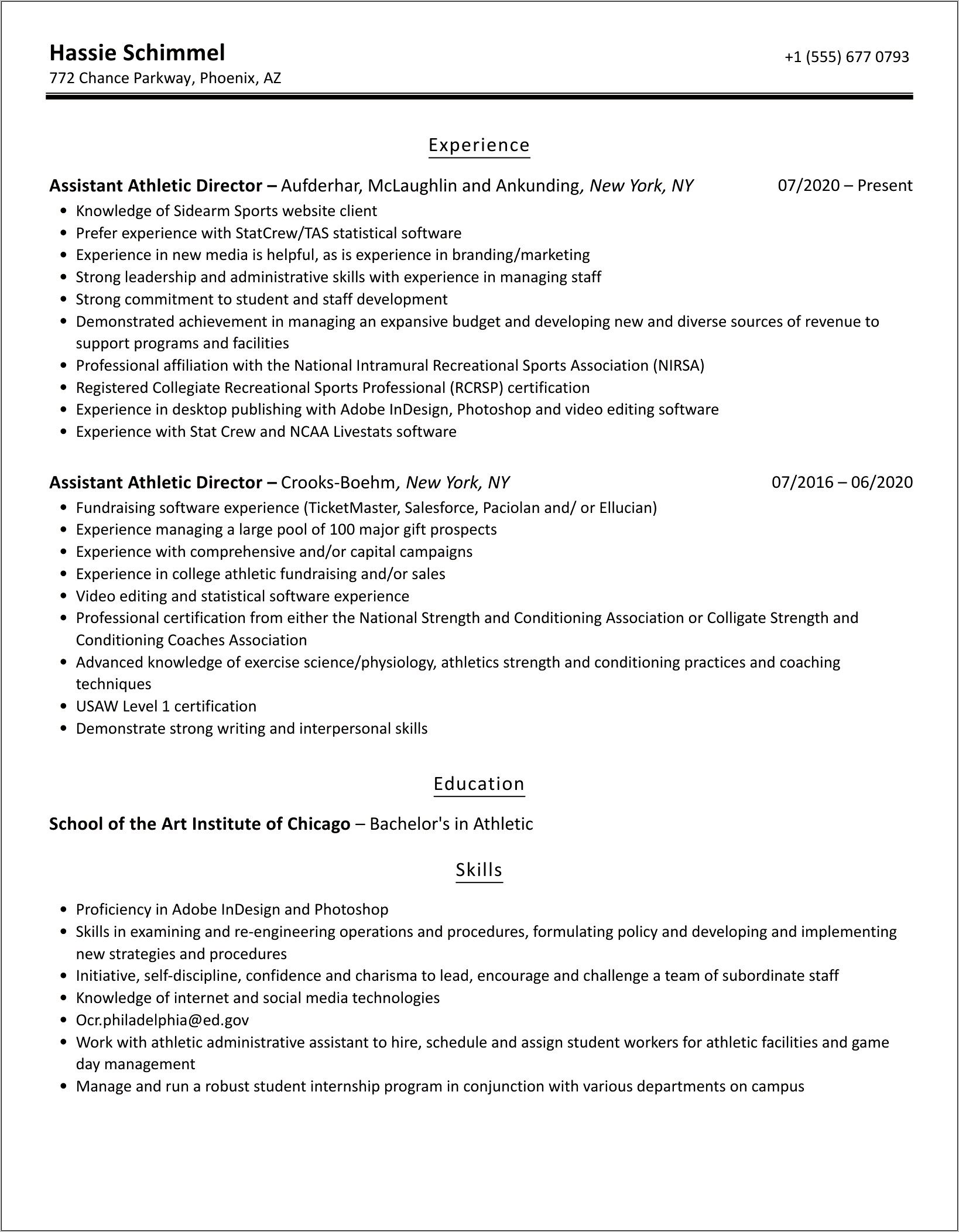 Assistant Athletic Director Resume Examples