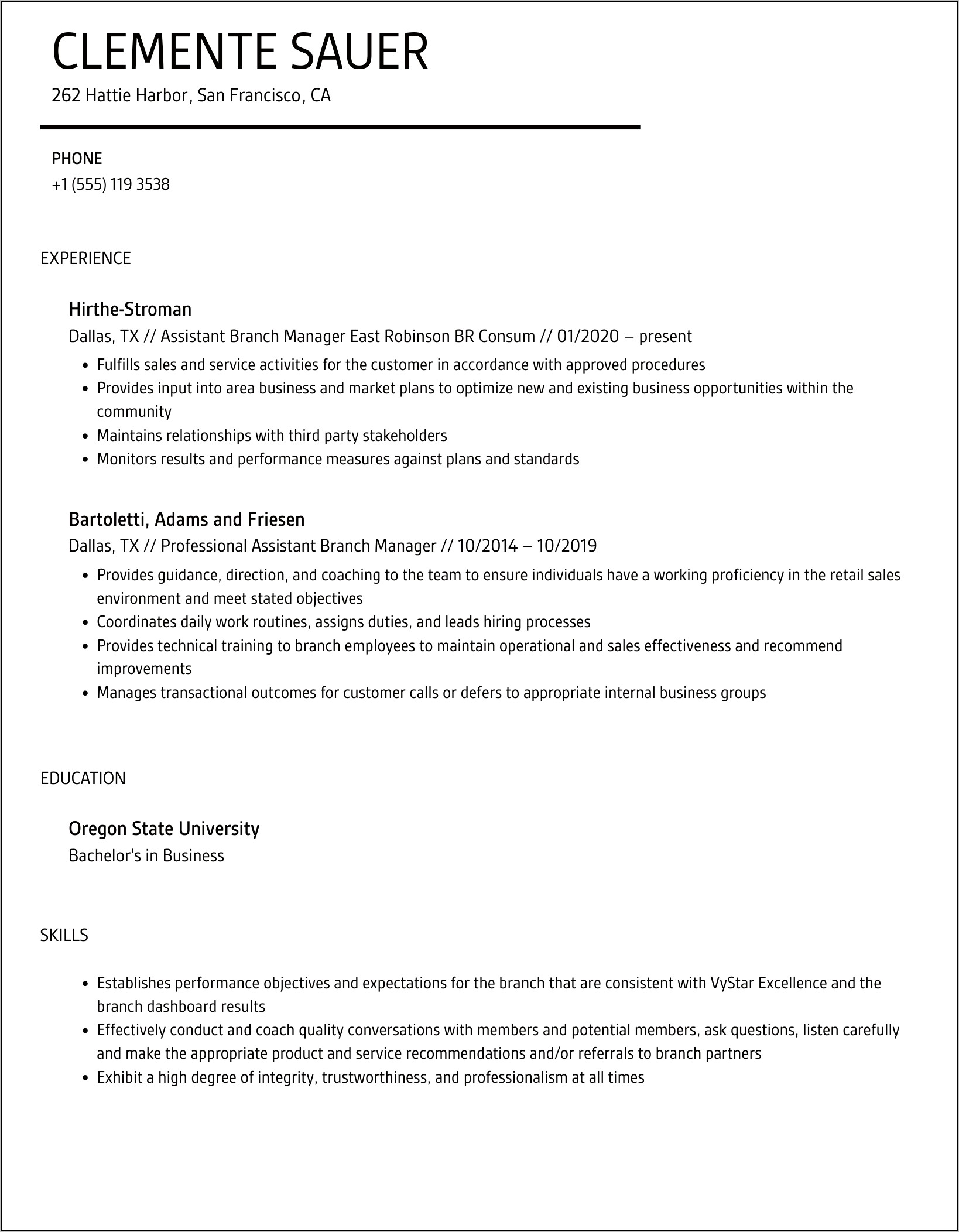 Assistant Bank Branch Manager Resume