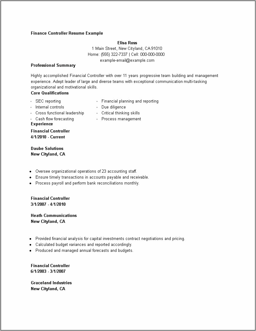 Assistant Controller Resume Summary Examples
