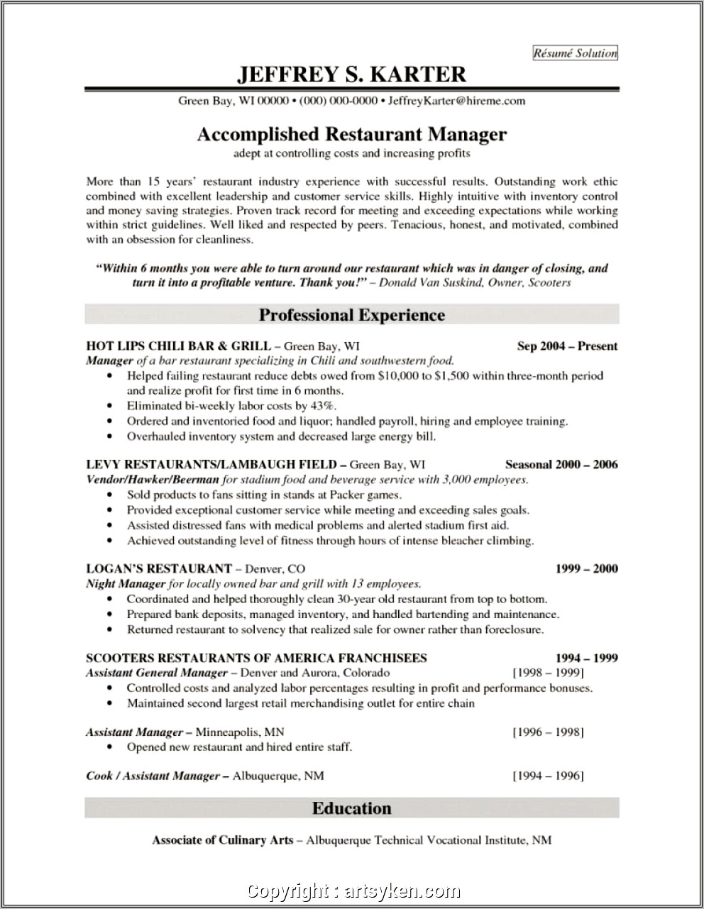 Assistant General Manager Restaurant Resume