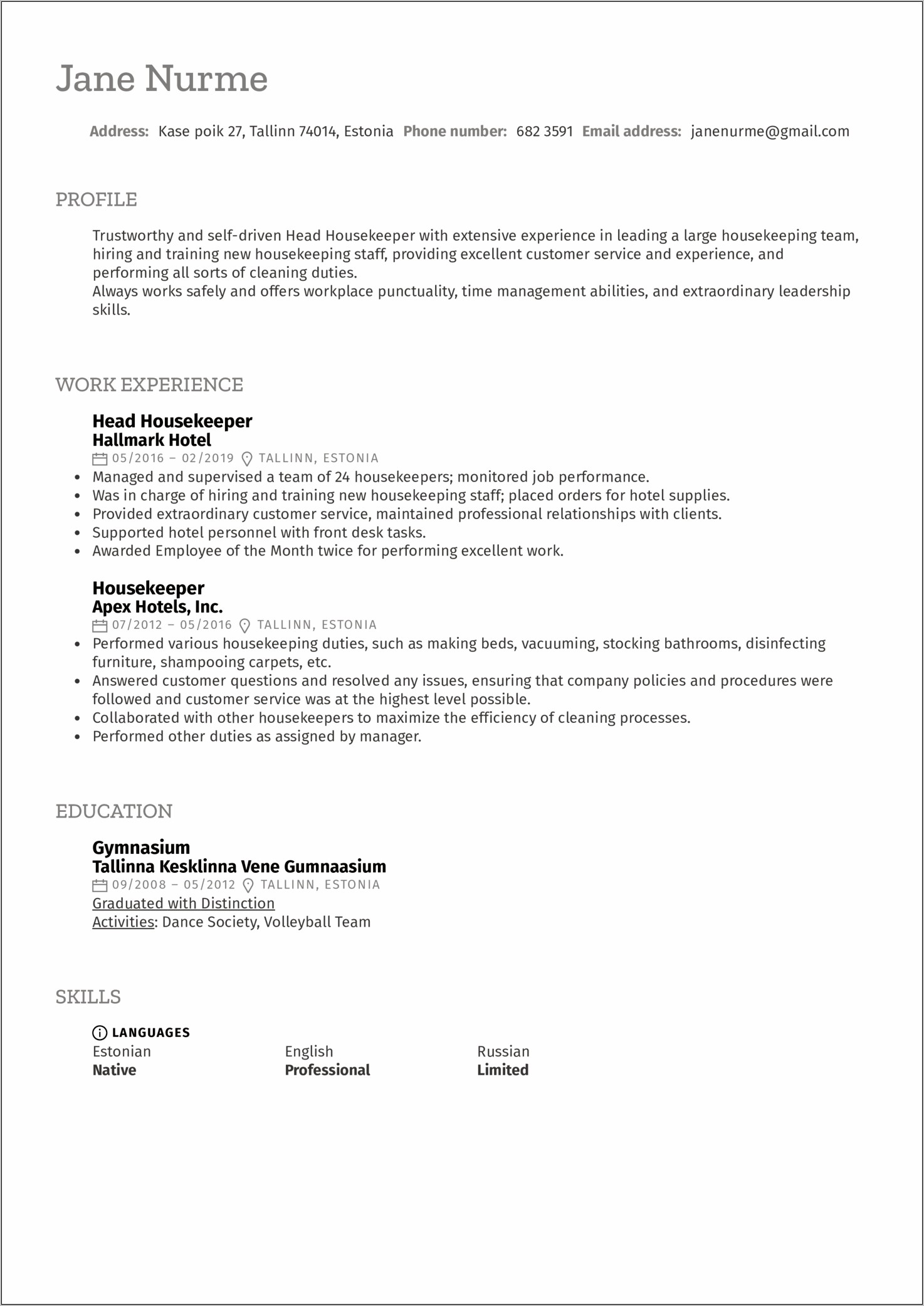 Assistant Housekeeping Manager Resume Example