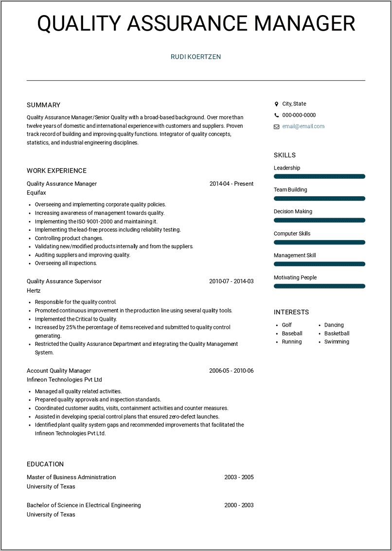 Assistant Manager Quality Assurance Resume