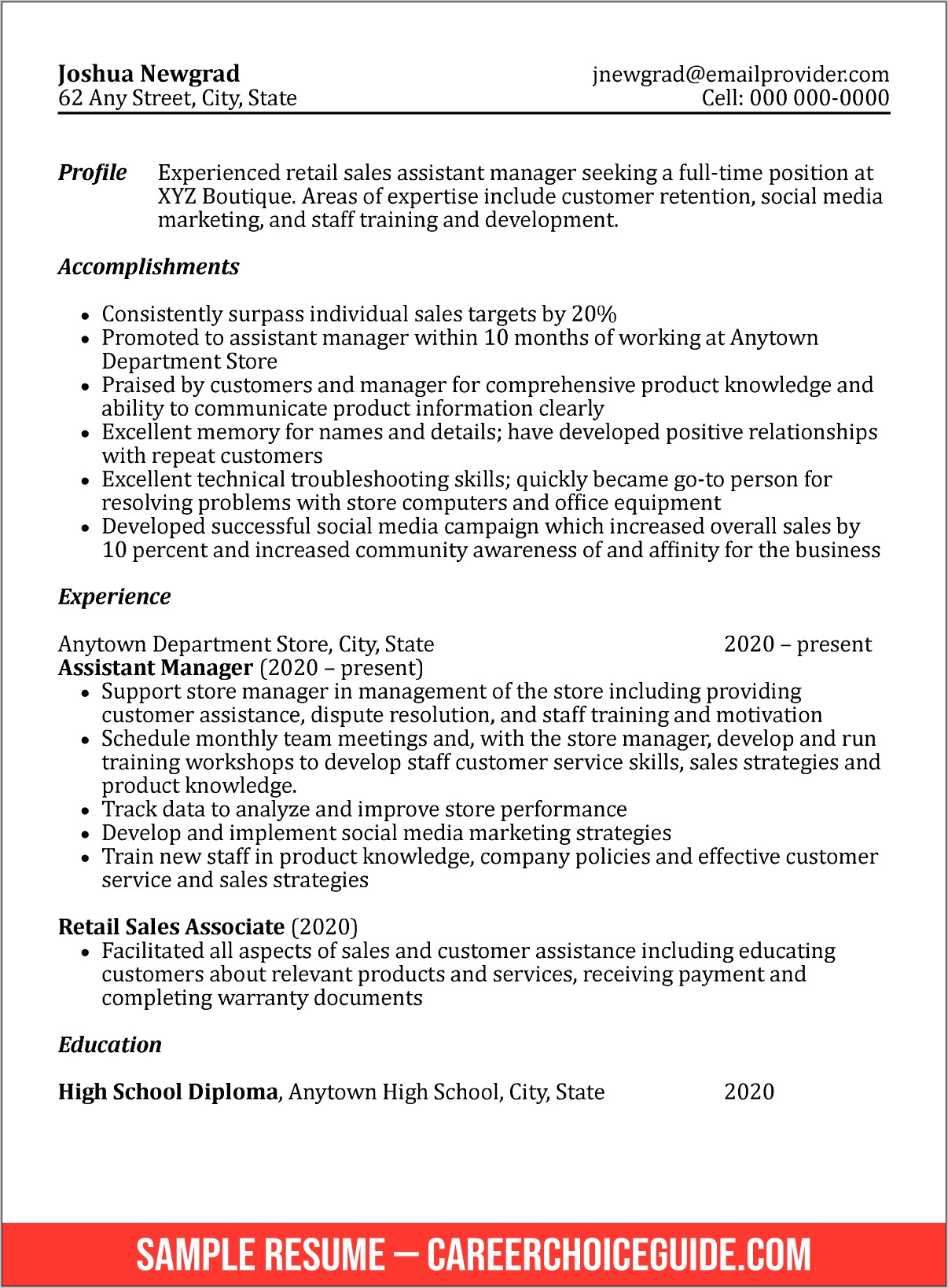 Assistant Manager Retail Resume Accomplishments