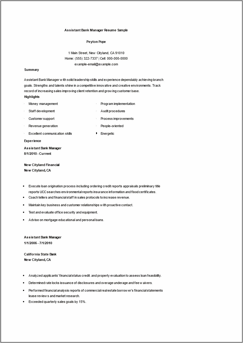 Assistant Manager Roles For Resume
