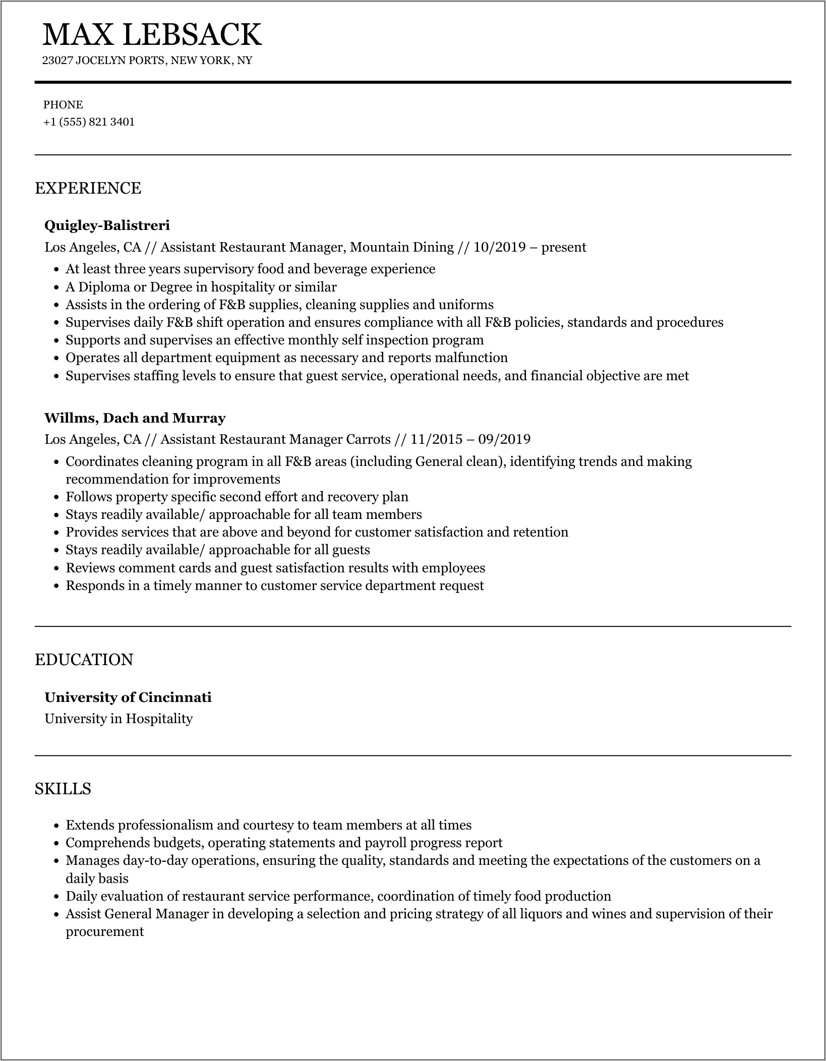 Assistant Manager Wine Bar Resume