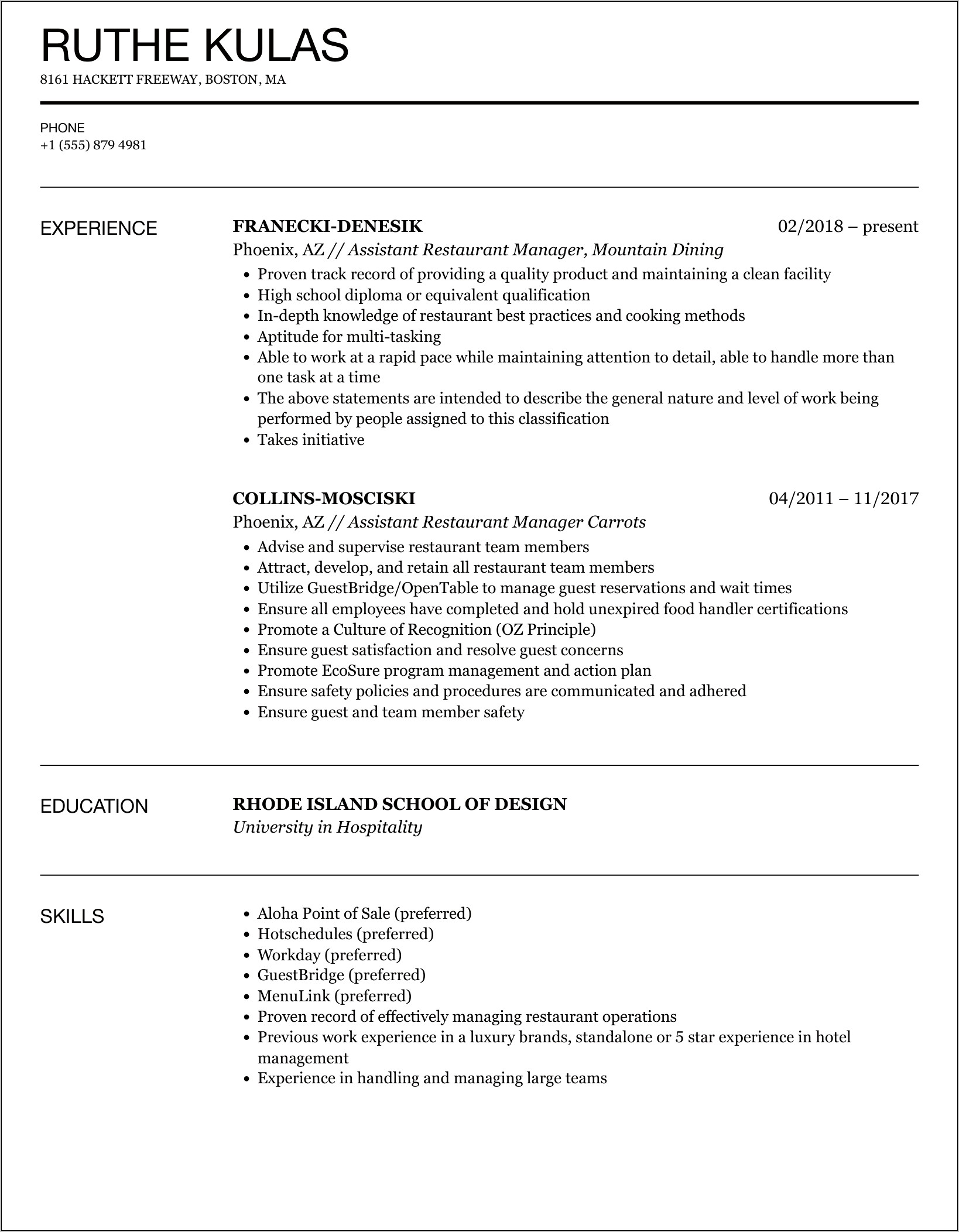 Assistant Restaurant Managers Resume Example
