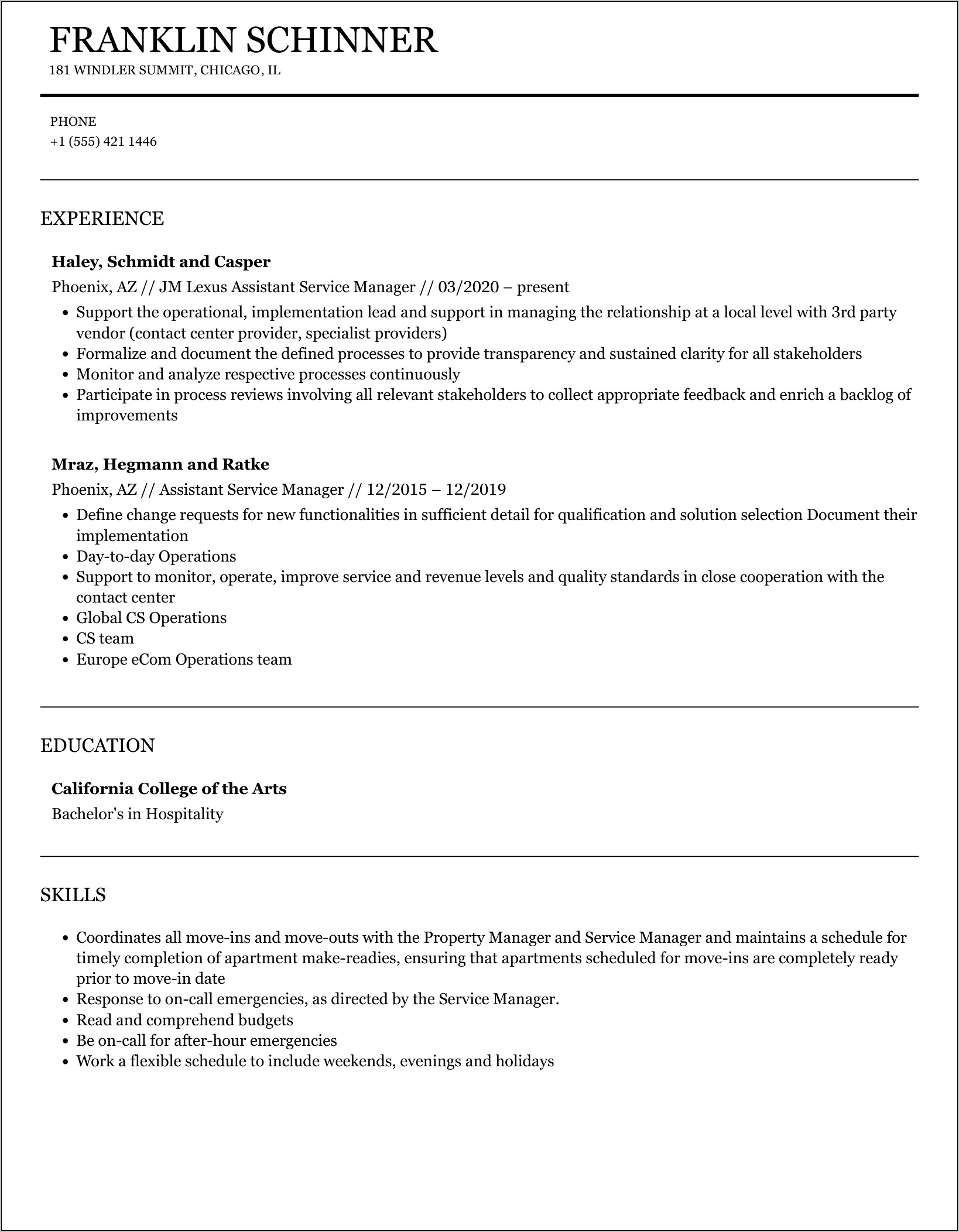 Assistant Service Manager Heb Resume
