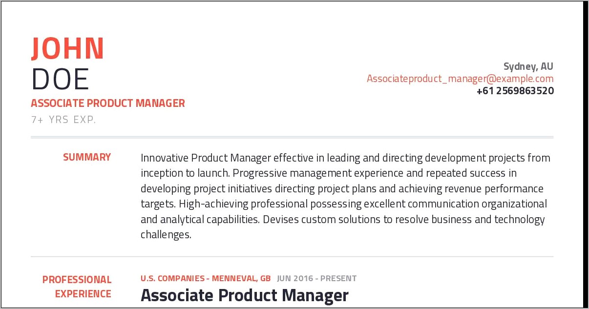 Associate Product Manager Resume Summary