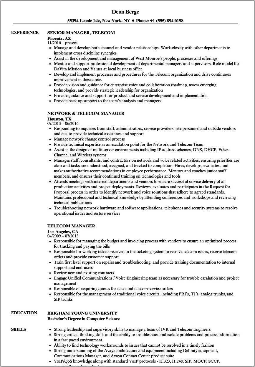 At&t Assistant Manager Resume
