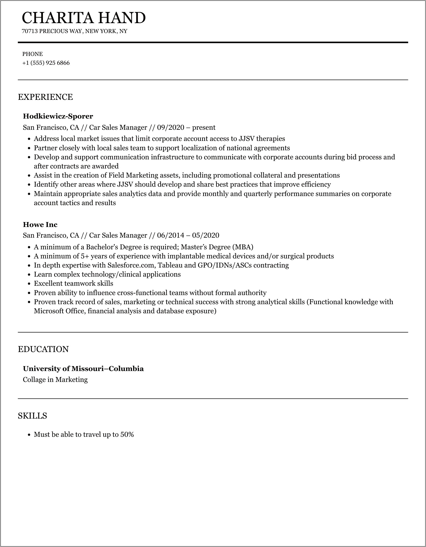 Auto Internet Sales Manager Resume