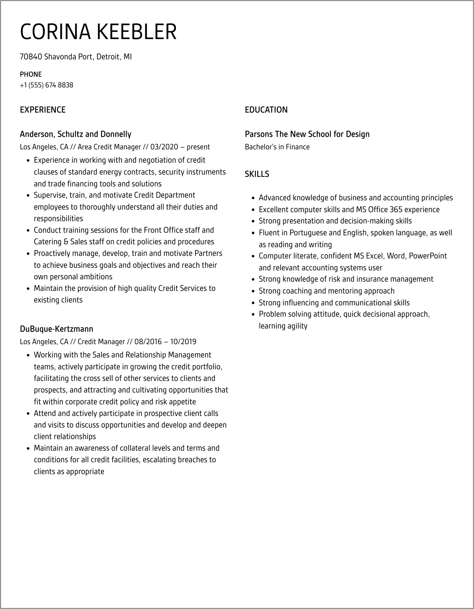 Auto Loan Credit Manager Resume