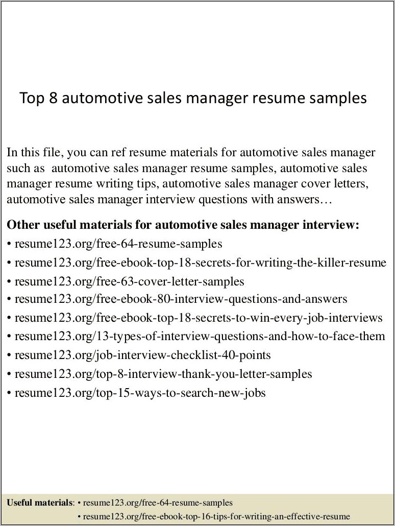 Automotive Assistant Sales Manager Resume