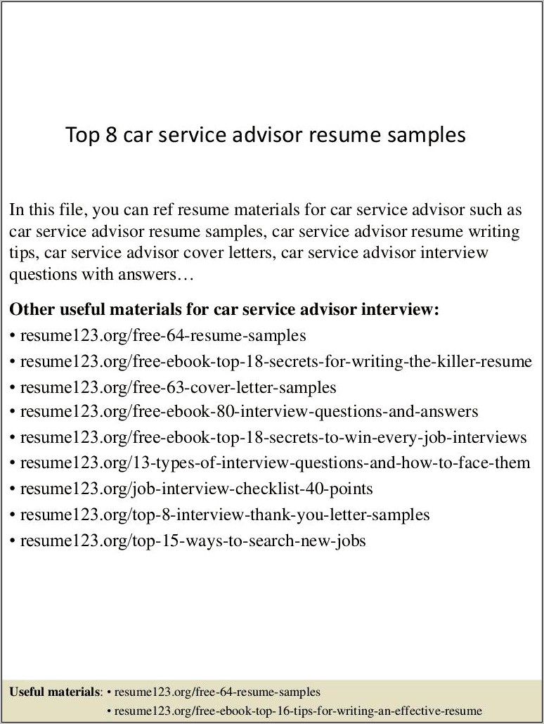 Automotive Service Advisor Resume Sample