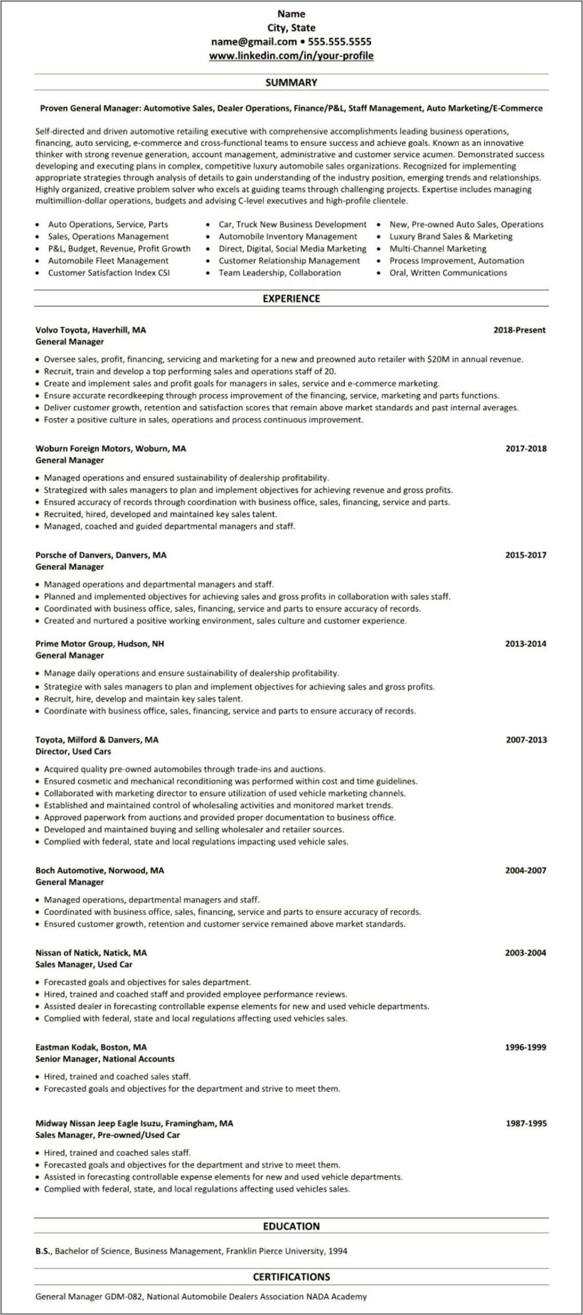 Automotive Service General Manager Resume