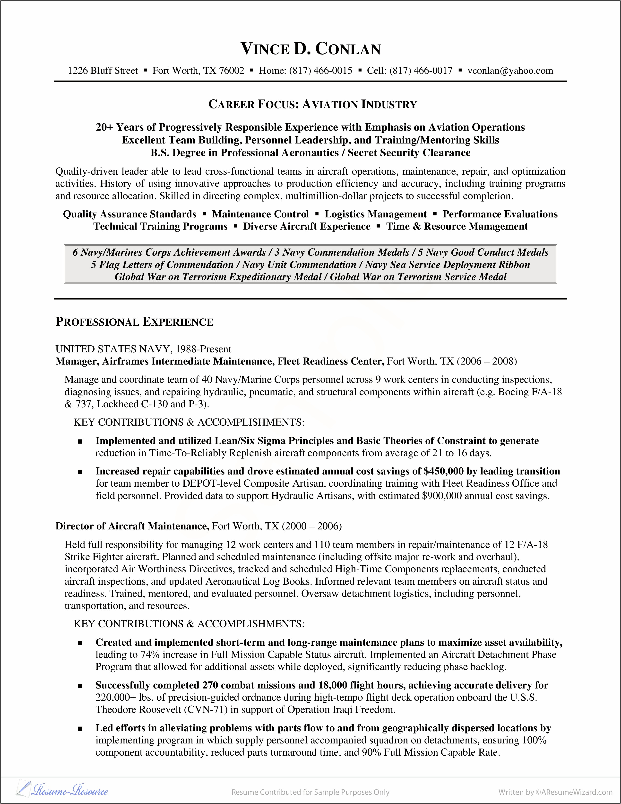 Aviation Component Repair Manager Resume