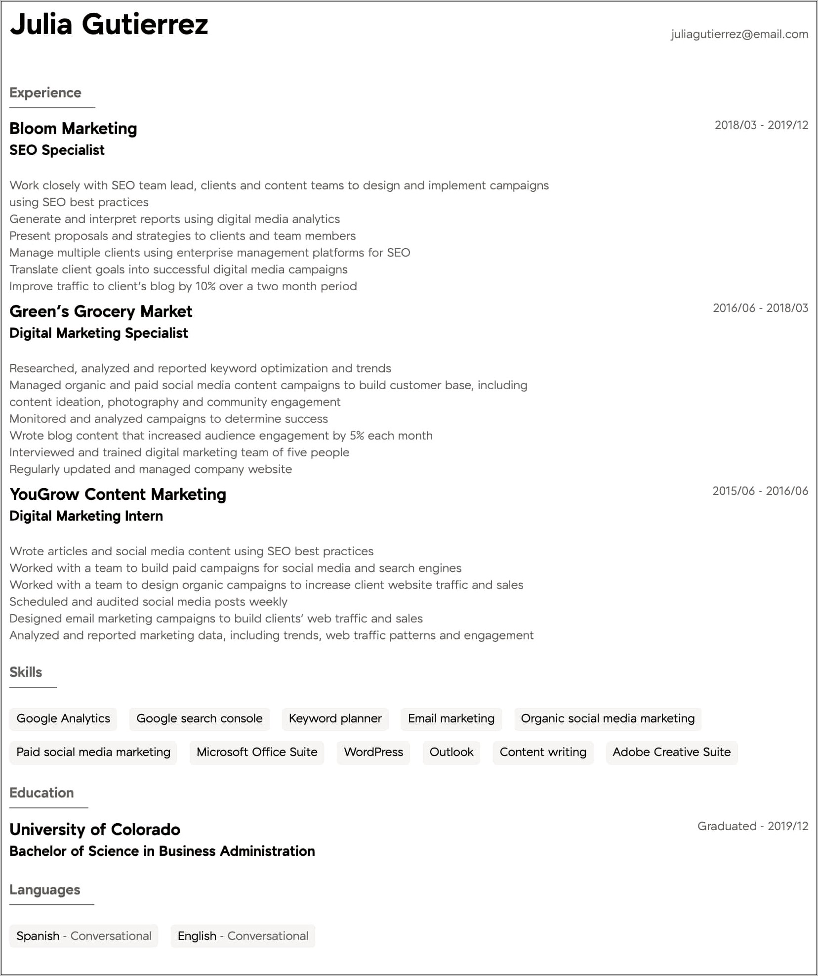 Awesome Digital Marketing Resume Sample