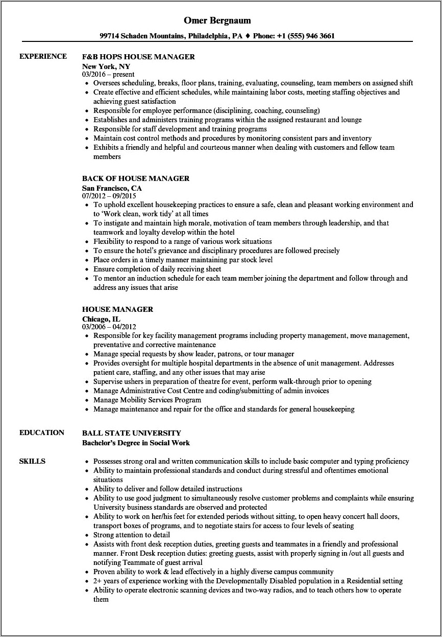 Back Of House Manager Resume