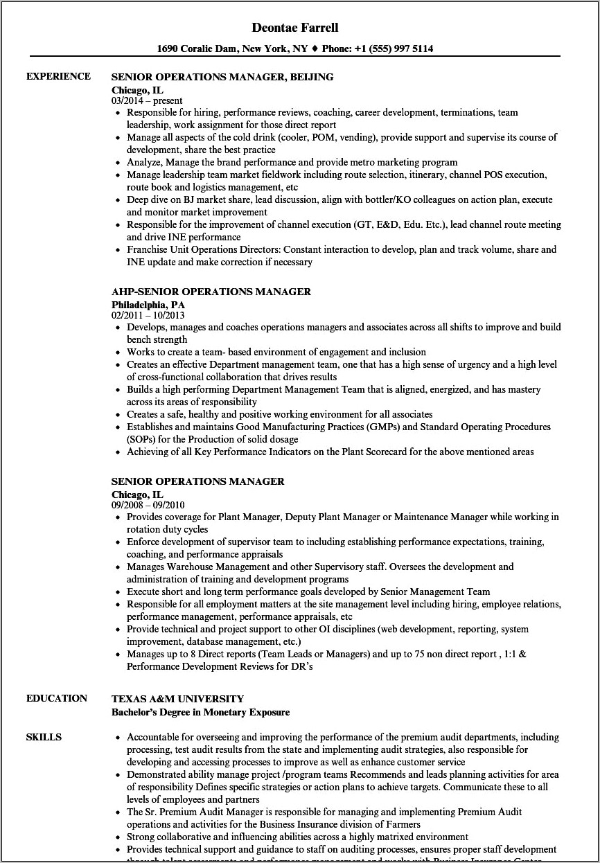 Back Office Operations Manager Resume