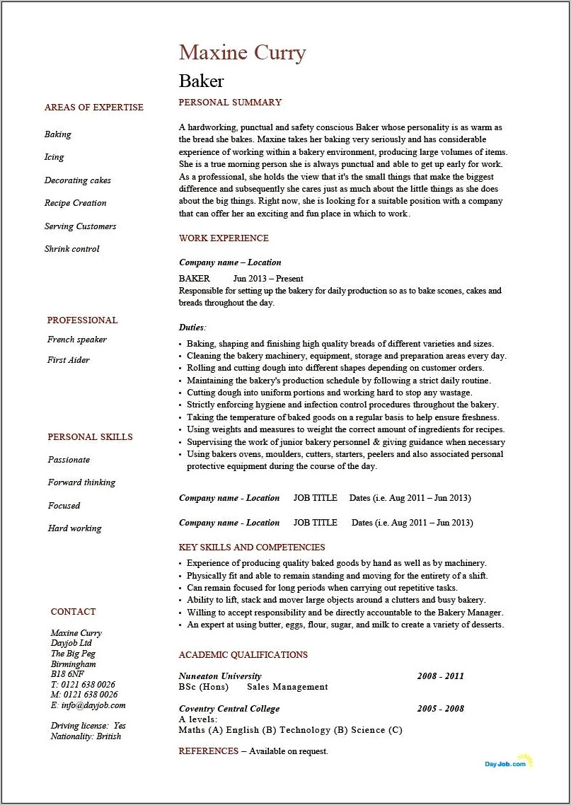 Bakery Assistant Job Description Resume