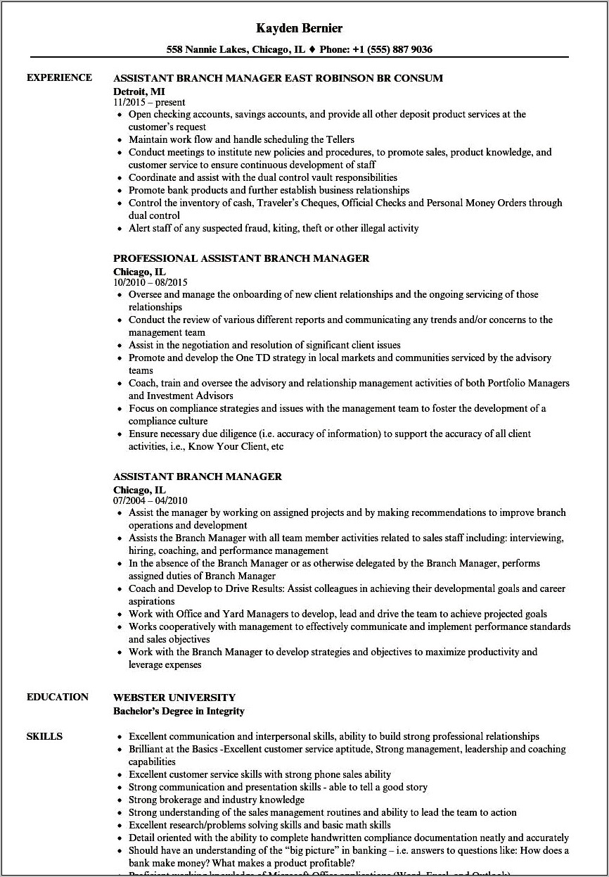 Bank Branch Manager Resume Objective