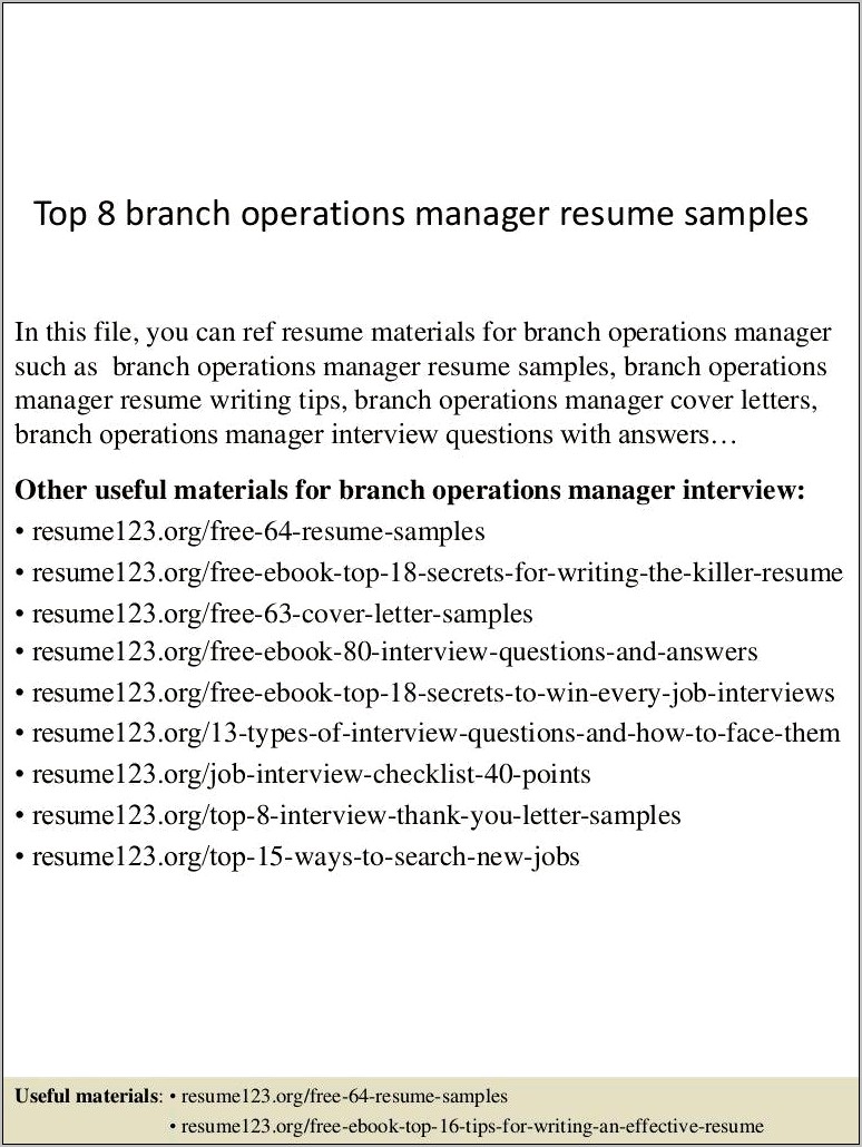 Bank Operations Supervisor Resume Sample