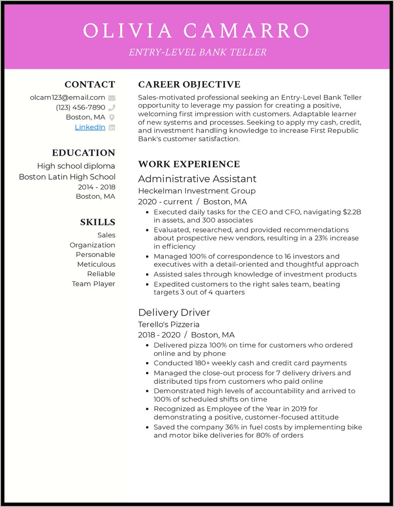 Bank Teller Resume Example Objectives