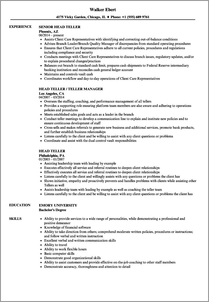 Banking Resume Objective Examples Teller