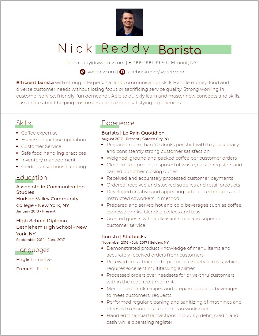 Barista Resume Sample Without Experience