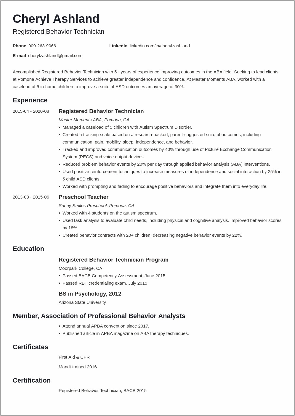 Behavior Technician Job Description Resume