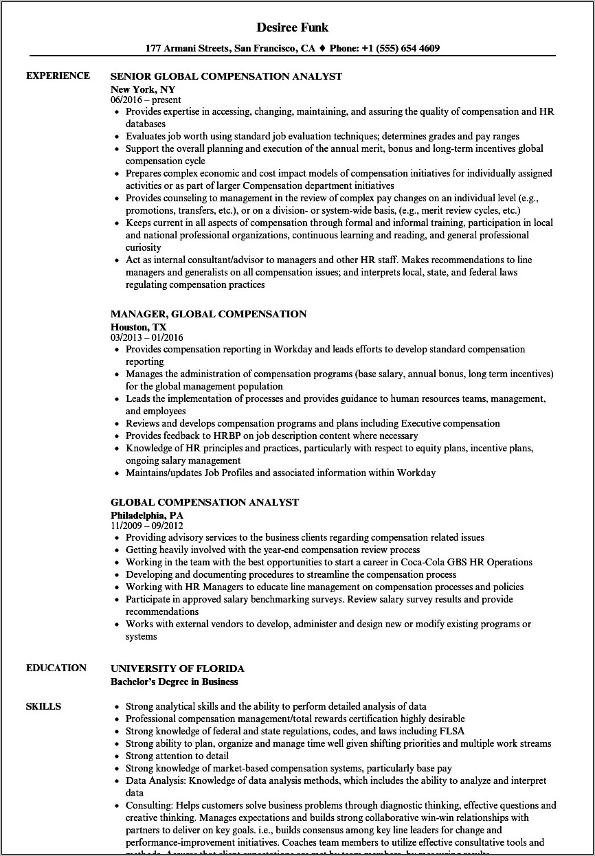 Benefits And Compensation Manager Resume