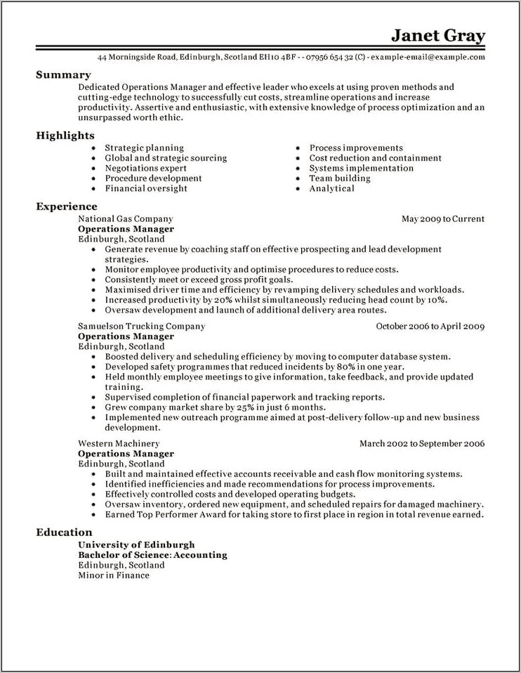 Best Operations Manager Resume Sample