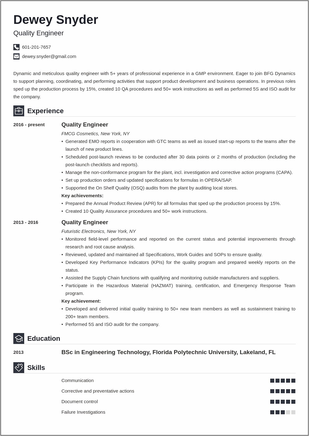 Best Quality Control Engineer Resume