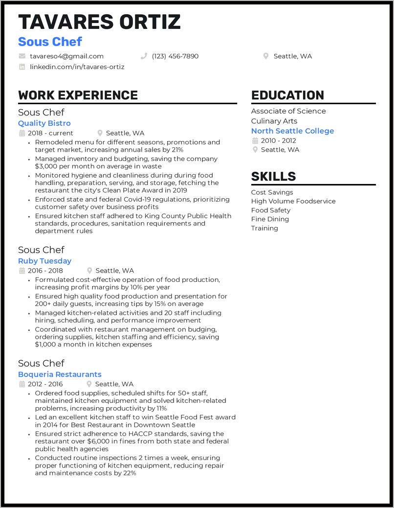 Best Resume For A Chef