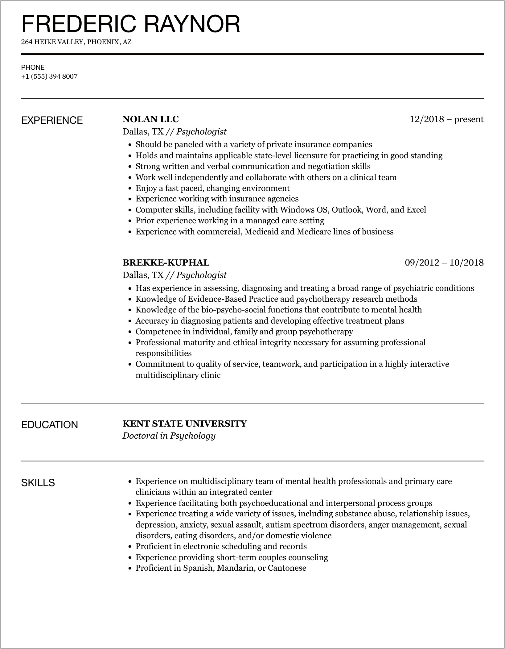 Best Resume For Clinical Psychologists