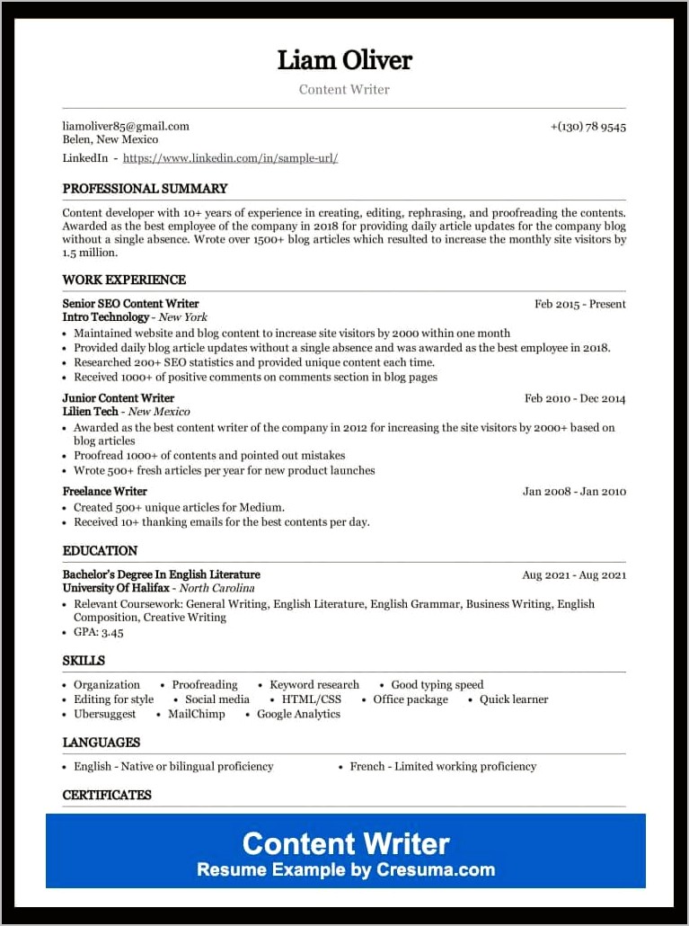 Best Resume For Content Writer